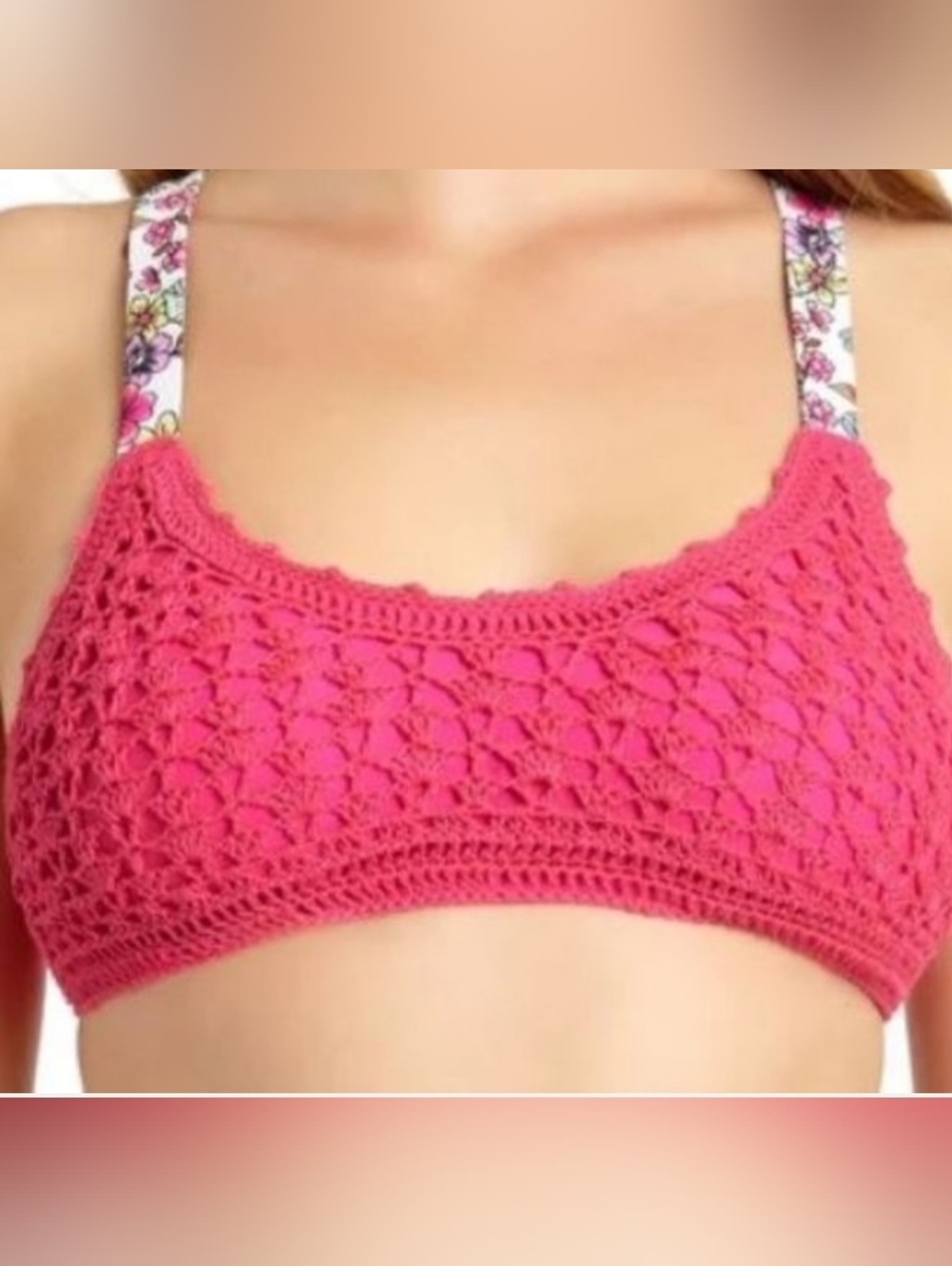 California Waves Crochet Bikini Top S Pink Floral Straps NWT.